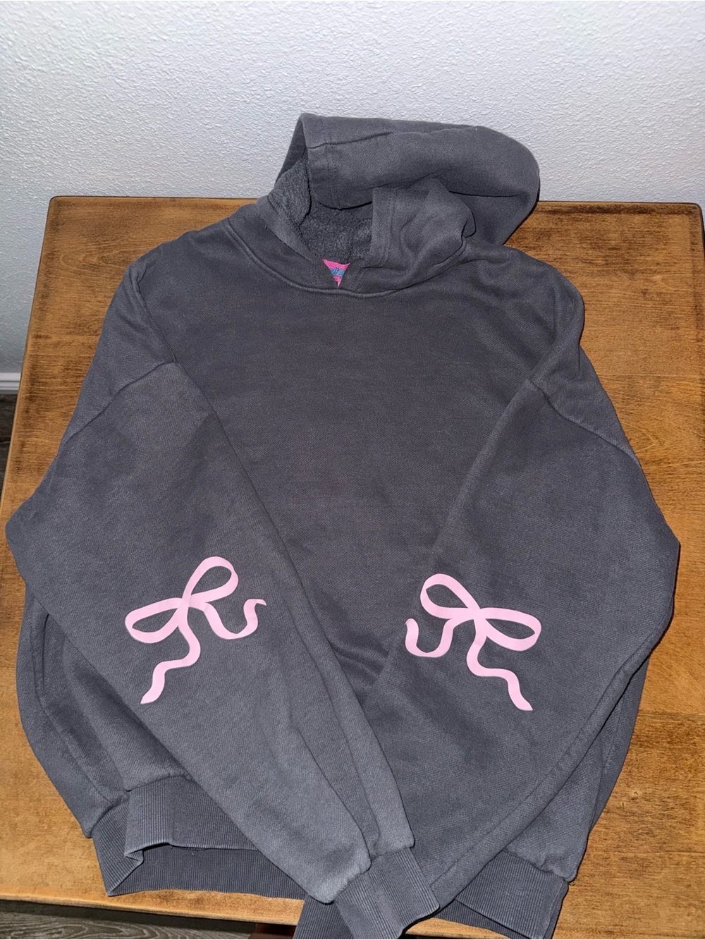 Edikted Charcoal Hoodie with Pink Bow Sleeve Accents